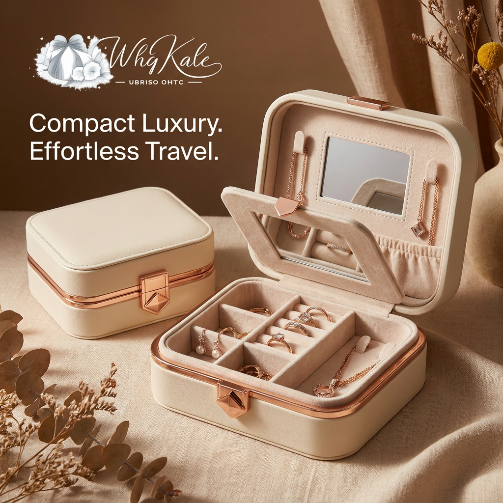 WhqKalc™ Travel Jewelry Organizer Box - Portable Small Jewelry Case for Rings, Earrings, Necklaces & Bracelets, Mini PU Leather Jewelry Storage Box with Built-in Mirror & Rose Gold Clasp, Elegant Gift for Women and Girls