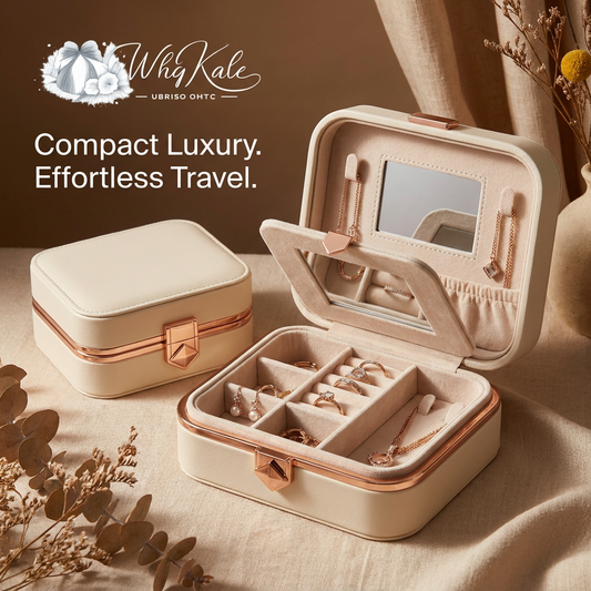 WhqKalc™ Travel Jewelry Organizer Box - Portable Small Jewelry Case for Rings, Earrings, Necklaces & Bracelets, Mini PU Leather Jewelry Storage Box with Built-in Mirror & Rose Gold Clasp, Elegant Gift for Women and Girls