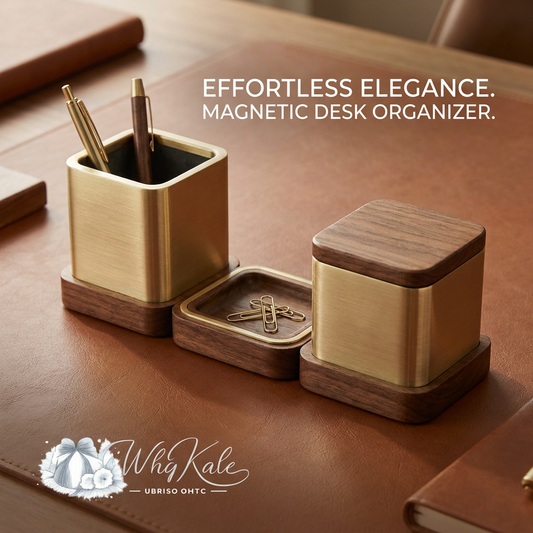 WhqKalc™ Magnetic Desk Organizer Set - 3-Piece Luxury Walnut Wood & Brushed Brass Modular Desktop Organizer, Elegant Pen Holder, Paperclip Tray, and Covered Storage Box, Aesthetic Executive Office Accessories & Desk Decor Gift