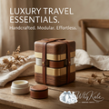 WhqKalc™ Luxury Modular Travel Organizer | Handcrafted Walnut Wood & Brass Stackable Travel Containers | Premium Leather Strap Toiletry Case, Portable Jewelry Box & Cosmetic Jar Set