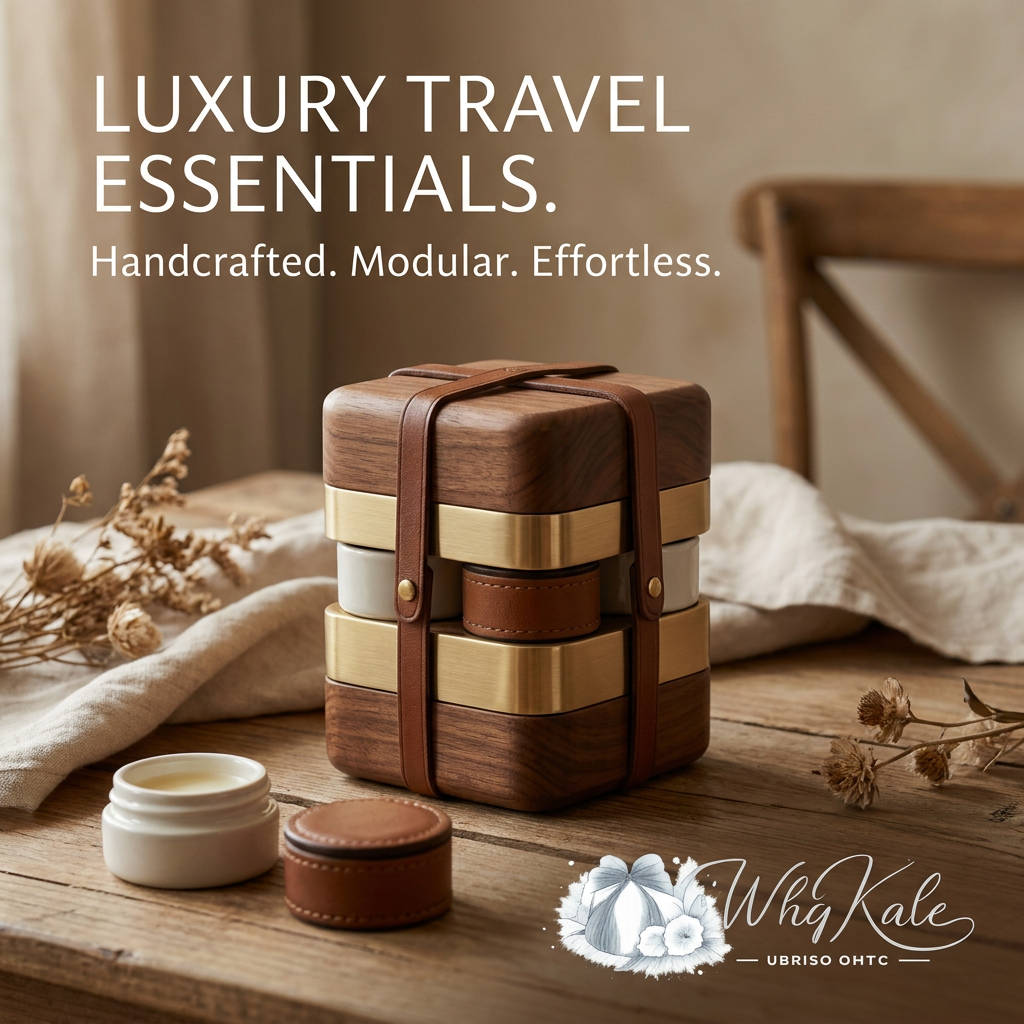 WhqKalc™ Luxury Modular Travel Organizer | Handcrafted Walnut Wood & Brass Stackable Travel Containers | Premium Leather Strap Toiletry Case, Portable Jewelry Box & Cosmetic Jar Set