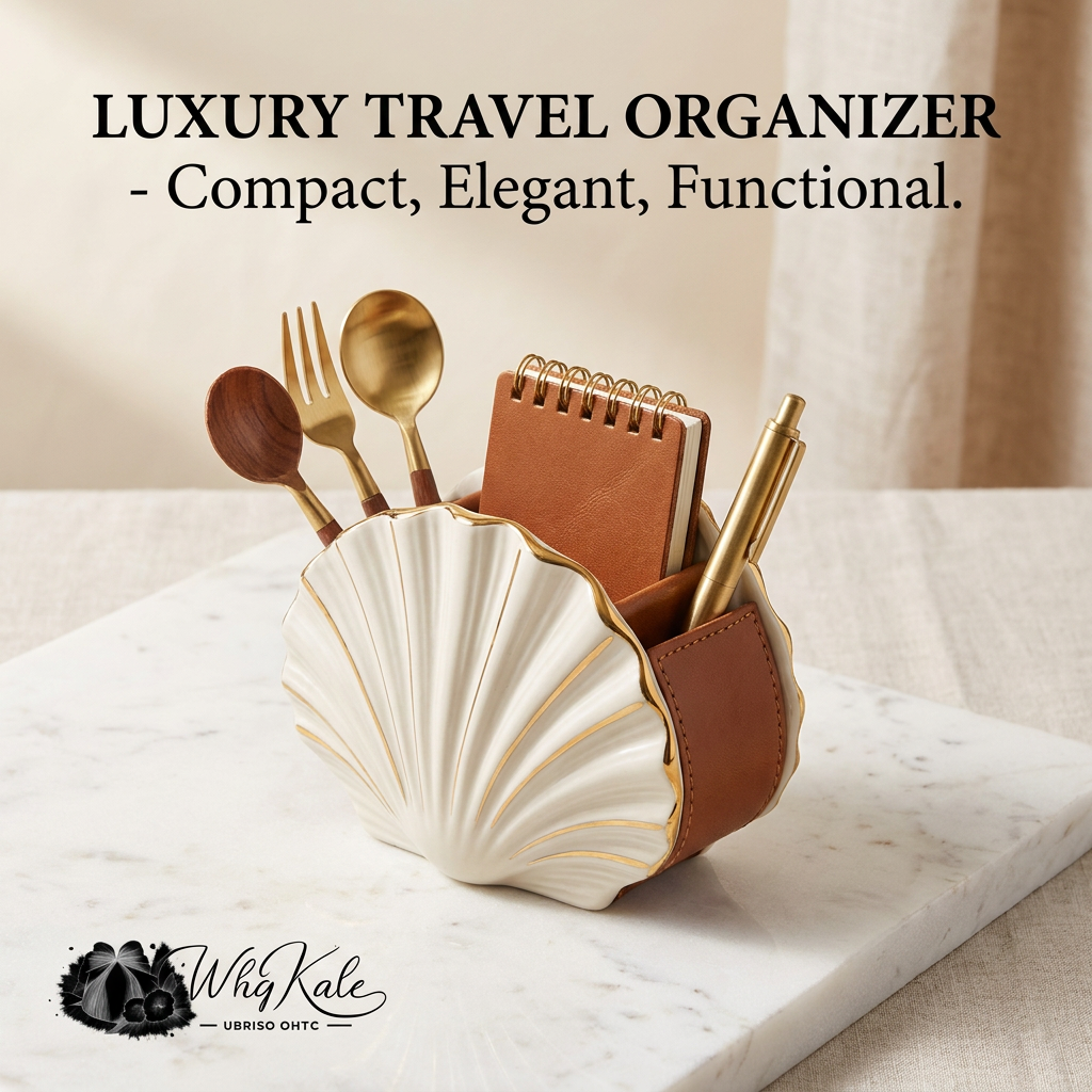 WhqKalc™ Luxury Ceramic Shell Desk Organizer - Elegant Leather & Gold Trimmed Vanity Caddy, Makeup Brush Holder, Pen & Stationery Stand, Decorative Tabletop Storage for Home, Office, and Dressing Table