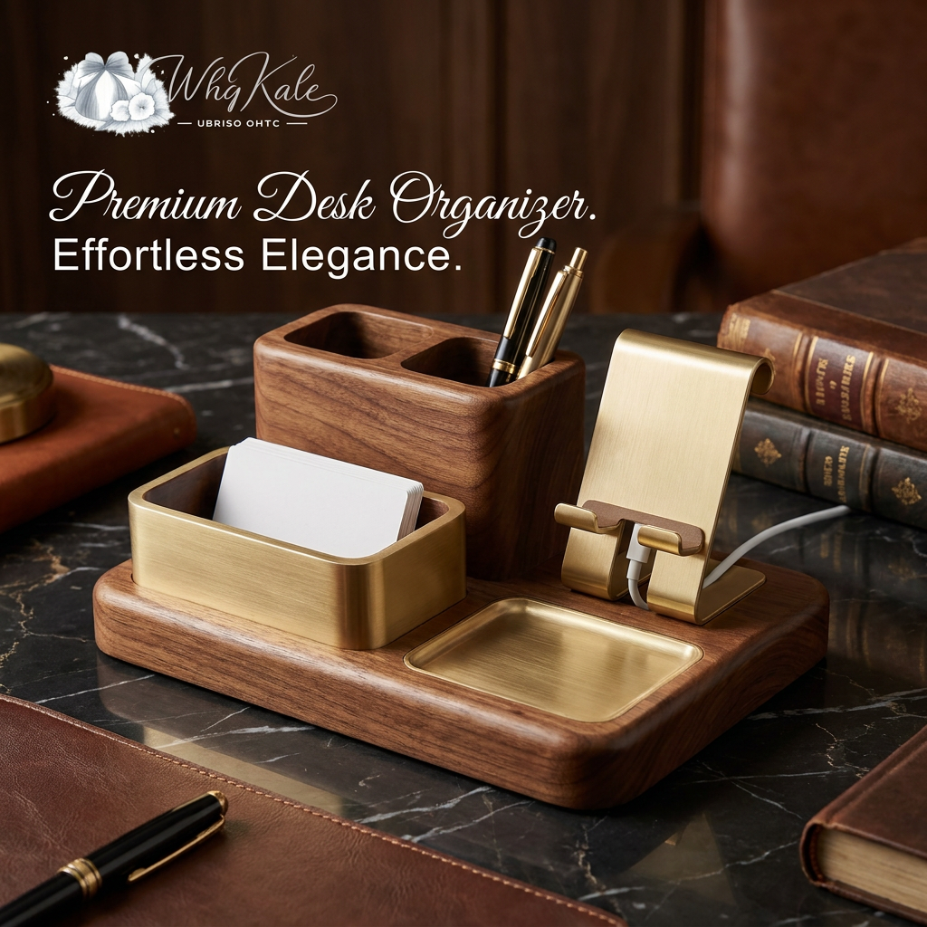 WhqKalc™ Premium Walnut Wood and Brass Desk Organizer - Executive Desktop Storage Caddy with Phone Dock, Dual-Compartment Pen Holder, Card Tray & Catchall Dish, Luxury Office Decor & Gift for Men/Women