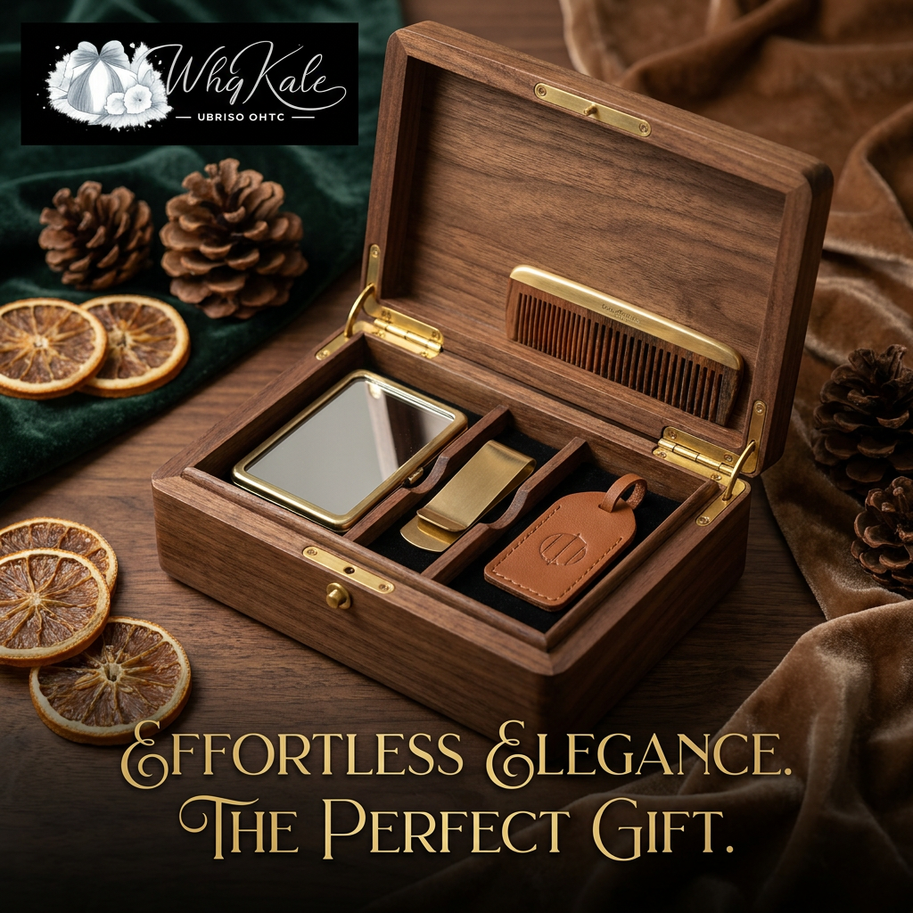 WhqKalc™ Luxury Men's Grooming Gift Set | Premium Walnut Wood Valet Box Organizer with Brass Comb, Pocket Mirror, Sleek Money Clip & Genuine Leather Key Fob | Perfect Birthday, Anniversary & Father’s Day Gift for Him