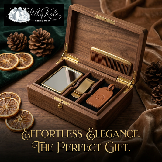 WhqKalc™ Luxury Men's Grooming Gift Set | Premium Walnut Wood Valet Box Organizer with Brass Comb, Pocket Mirror, Sleek Money Clip & Genuine Leather Key Fob | Perfect Birthday, Anniversary & Father’s Day Gift for Him